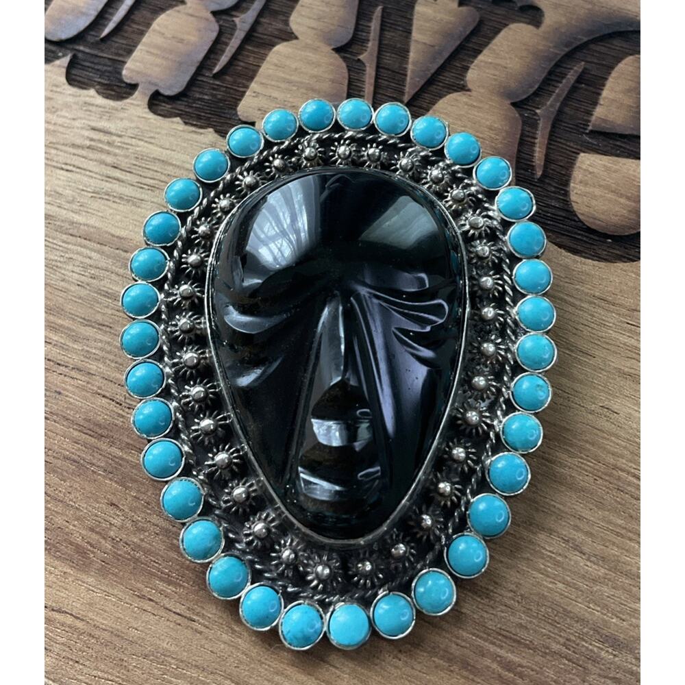 Sterling Silver Turquoise Carved Face Brooch Pendant 925 Large